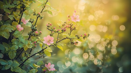 Wall Mural -  A tree branch displaying pink flowers up front, background of indistinct green foliage