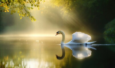 Wall Mural - White swan gliding across a reflective pond