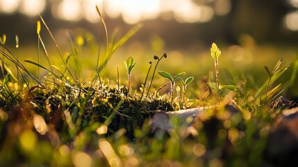 tiny sprouts emerging from the green surface