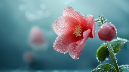  A tight shot of a pink flower adorned with water droplets, accompanied by a green leaf adjacent