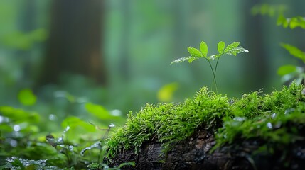 Wall Mural -  A small plant emerges from a moss-covered log in the heart of the verdant forest, its leaves just beginning to unfurl