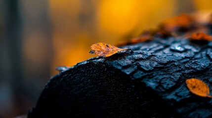 Wall Mural -  A tight shot of a black umbrella, its top adorned with vibrant orange leaves Background softly blurred with yellow leaves