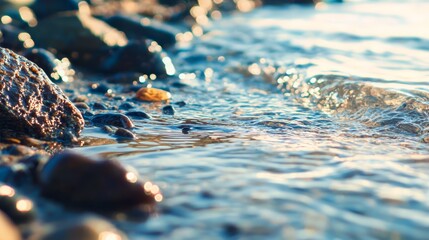  A tight shot of water and stones submerged in a body of water, with sunlight reflecting on its surface