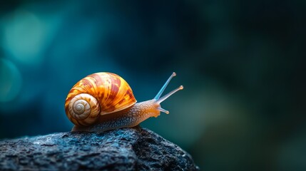 Wall Mural -  A snail up close on a rock, background softly blurred Foreground similarly blurred