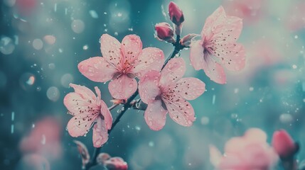 Wall Mural -  A tight shot of a pink flower on a branch, adorned with water droplets glistening on its petals, against a softly blurred backdrop