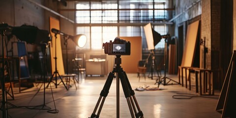 Sticker - Camera on tripod in a photo studio.