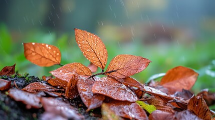 Wall Mural -  A group of leaves atop a thick forest floor, overlapping piles