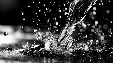 Wall Mural - water splashing from a faucet into a pool of black-and-white water Background is likewise monochromatic