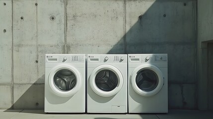 Poster - Three White Washing Machines Against a Concrete Wall