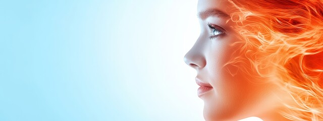 Wall Mural -  A tight shot of a woman's face featuring an intense orange-red flame in its center