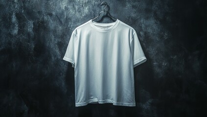 Poster - Blank white t-shirt hanging on hanger against dark background.