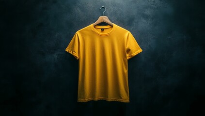 Wall Mural - Yellow t-shirt hanging on a hanger against a dark wall.