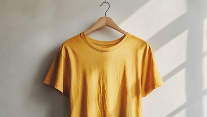 Poster - Yellow T-shirt hanging on wooden hanger.