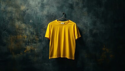 Wall Mural - Plain yellow t-shirt on a hanger against dark wall.