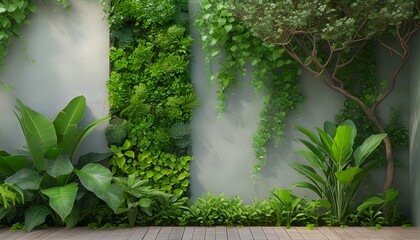 Vibrant Vertical Garden with Lush Green Plants against a Textured Background