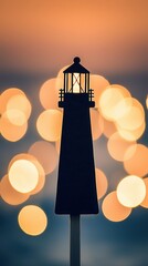 Poster - Lighthouse Silhouette with Bokeh Lights.