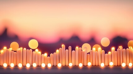 Poster - Warm Lights On Wooden Sticks Against Blurry Sunset.