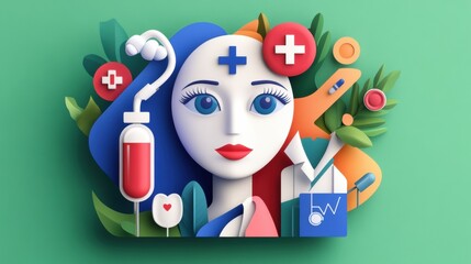 Poster - A woman's face with a syringe and medical equipment, AI