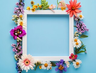 A white square frame decorated with colorful flowers on a blue background, creating a fresh and elegant floral design