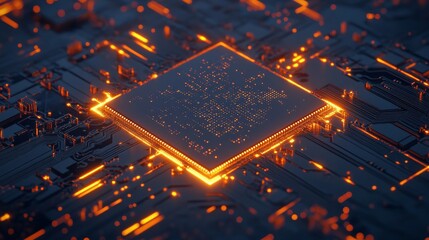 Poster - Close-up of a glowing microchip on a circuit board, futuristic technology concept