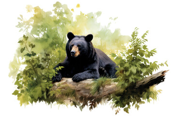 a serene image of a black bear resting against a large tree, with its body partially hidden among th