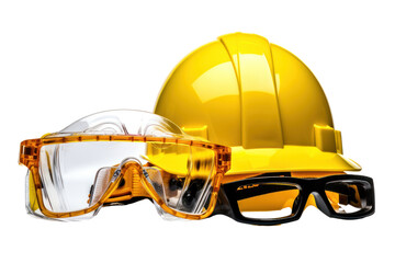 A safety helmet placed next to safety goggles and gloves on a workbench in an industrial setting, isolated on white background