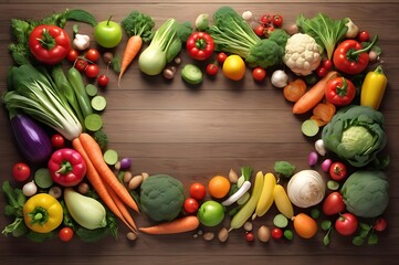 Banner for various vegetables and fruits on wooden table with space for text