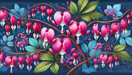 Wall Mural - An illustration of Bleeding Heart flowers in full bloom with heart-shaped, vibrant pink petals