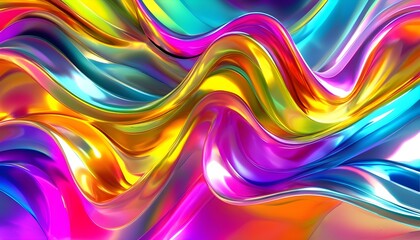 Wall Mural - Vibrant Holographic Waves in Abstract 3D Design with Twisted Neon Brushstrokes