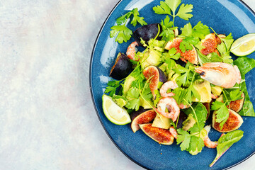 Fresh shrimp avocado figs salad.