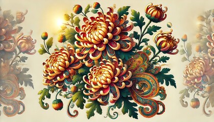 Wall Mural - An ornate illustration featuring large chrysanthemums with intricate, layered petals