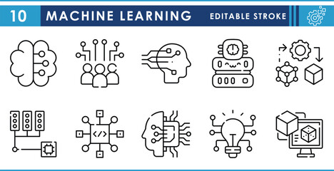 Fototapete - A set of line icons related to Machine Learning. Learn, algorithm, modeling, technology, artificial intelligence, server, brain, and so on. Vector editable stroke.