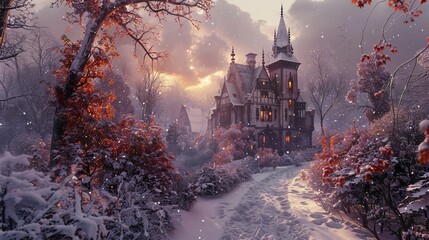 Poster - Enchanted Winter Forest with a Majestic Castle