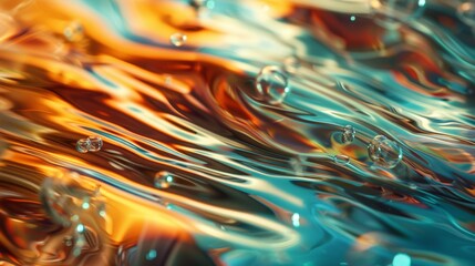 Wall Mural - colorful abstract liquid patterns with bubbles and swirling hues in blue, orange, and brown