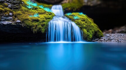 Wall Mural - Tranquil Waterfall in Lush Forest.