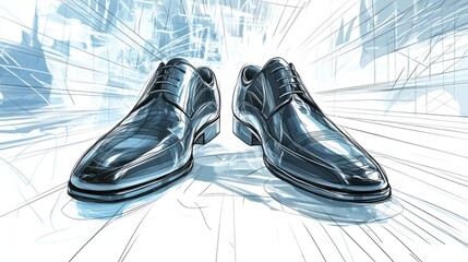 Wall Mural - Illustration of a pair of black leather dress shoes on a white background with a blurred city skyline in the background.