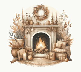 Wall Mural - Merry Christmas and happy new year watercolor poster. Cozy Christmas fireplace.