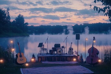 A serene folk music concert by a lakeside at dawn, with mist rising from the water, soft, pastel-colored lights, and acoustic instruments arranged on a small, rustic stage.