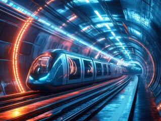 Futuristic Train in Neon Tunnel.