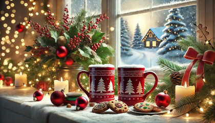 Two red hot coffee mugs in front of the window in snowy weather, Christmas tree, decorations and candles in the background