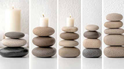 Canvas Print - A set of four pictures showing a stack of stones with candles, AI