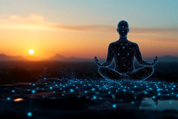 Sticker - Silhouette of a person meditating on a digital grid at sunset surrounded by glowing blue and orange lights symbolizing the intersection of spirituality and technology