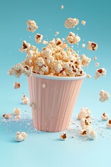 Dynamic popcorn explosion from a pink cup against a vibrant blue background, perfect for food and snack themes.