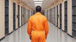 © Apaporn - A prisoner wearing an orange jumpsuit walking down a long, empty prison corridor, illustrating the isolation and routine of prison life