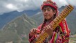 © Thavesak - Young Peruvian Teenager in Andean Attire Playing Musical Instrument Against Mountain Backdrop - Candid Shot of Cultural Heritage