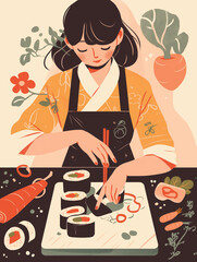 A female chef making kimbap in Korea.