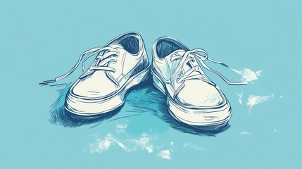 A sketch of a pair of white sneakers with blue laces on a light blue background.