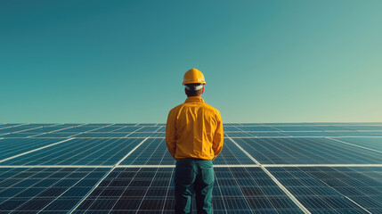 engineer in hard hat stands confidently in front of vast array of solar panels, showcasing importance of renewable energy and innovation in technology