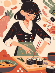 Wall Mural - A female chef making kimbap in Korea.