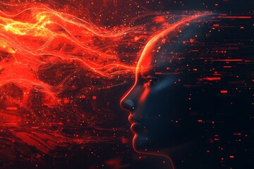 Wall Mural - Abstract female profile composed of glowing red streaks of light symbolizing data flow and connection representing the fusion of human consciousness and advanced technology in a digital world